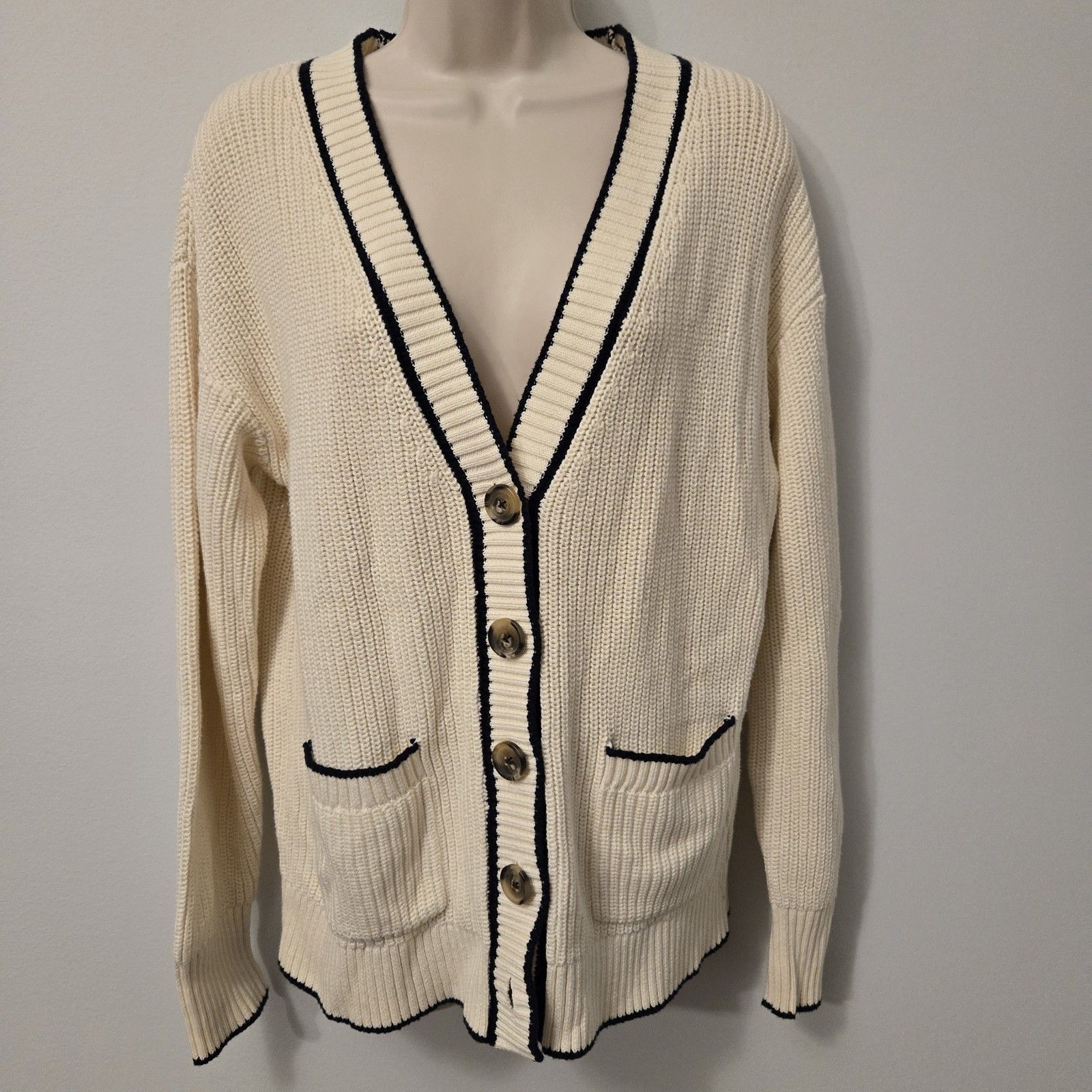 Old Navy Cream Preppy Academia Chunky Knit Sweater Boyfriend Cardigan S Classic